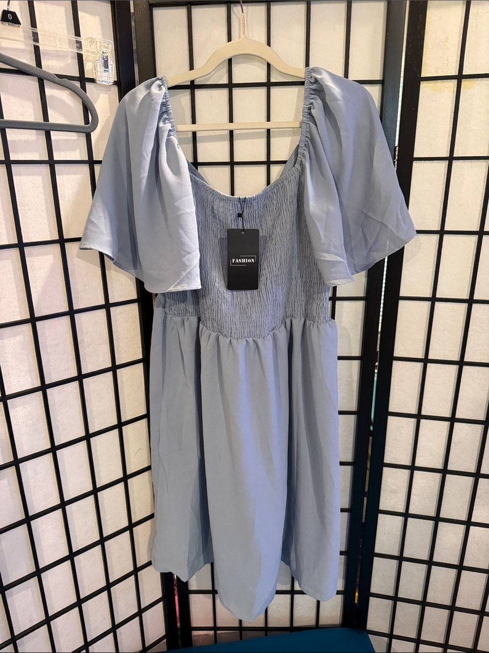 Light Blue Puff-Sleeve Smocked Tunic Dress by FashionX